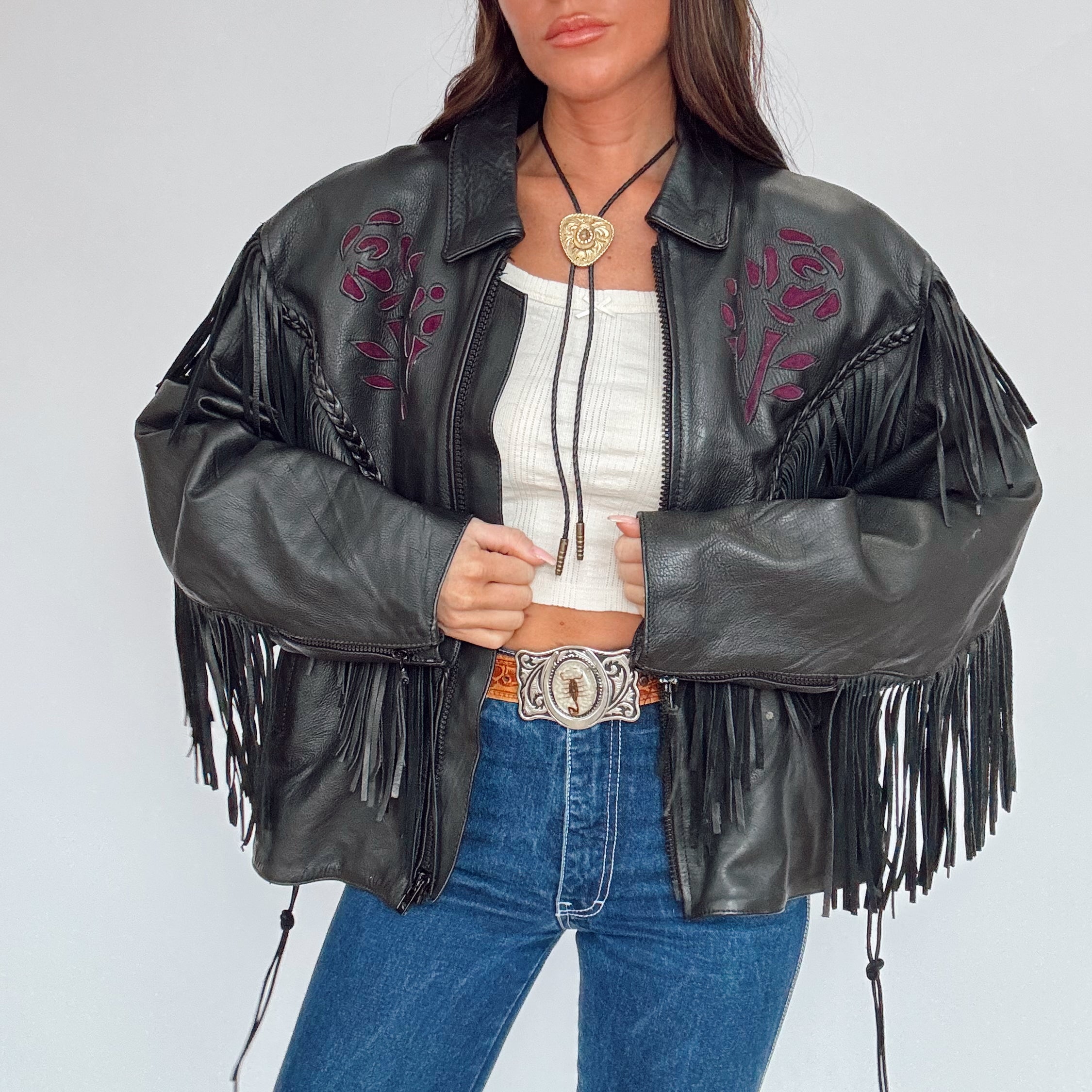 Vintage 80s Black Leather Purple Rose Fringe Jacket