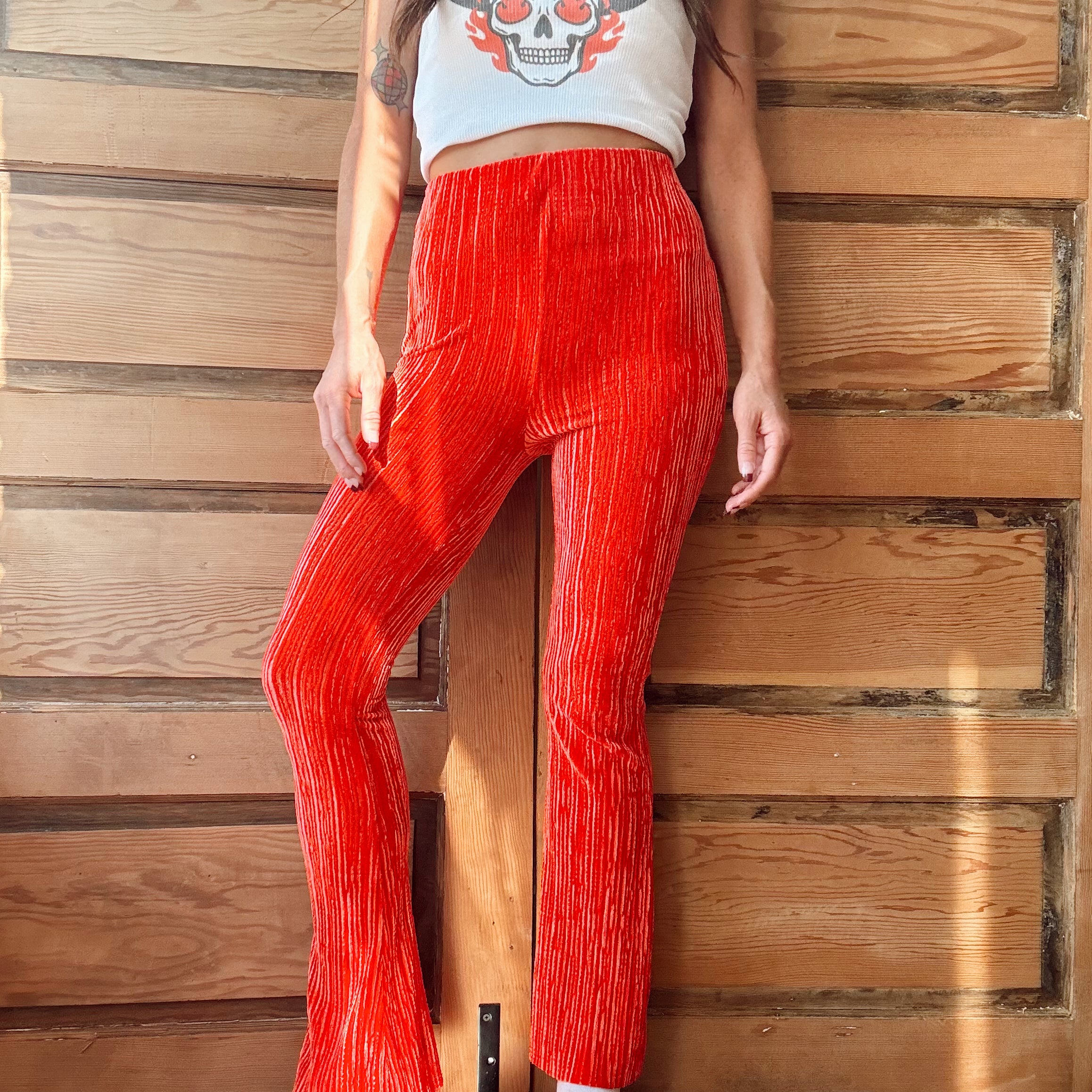 Orange Velvet Kick Flare Pants