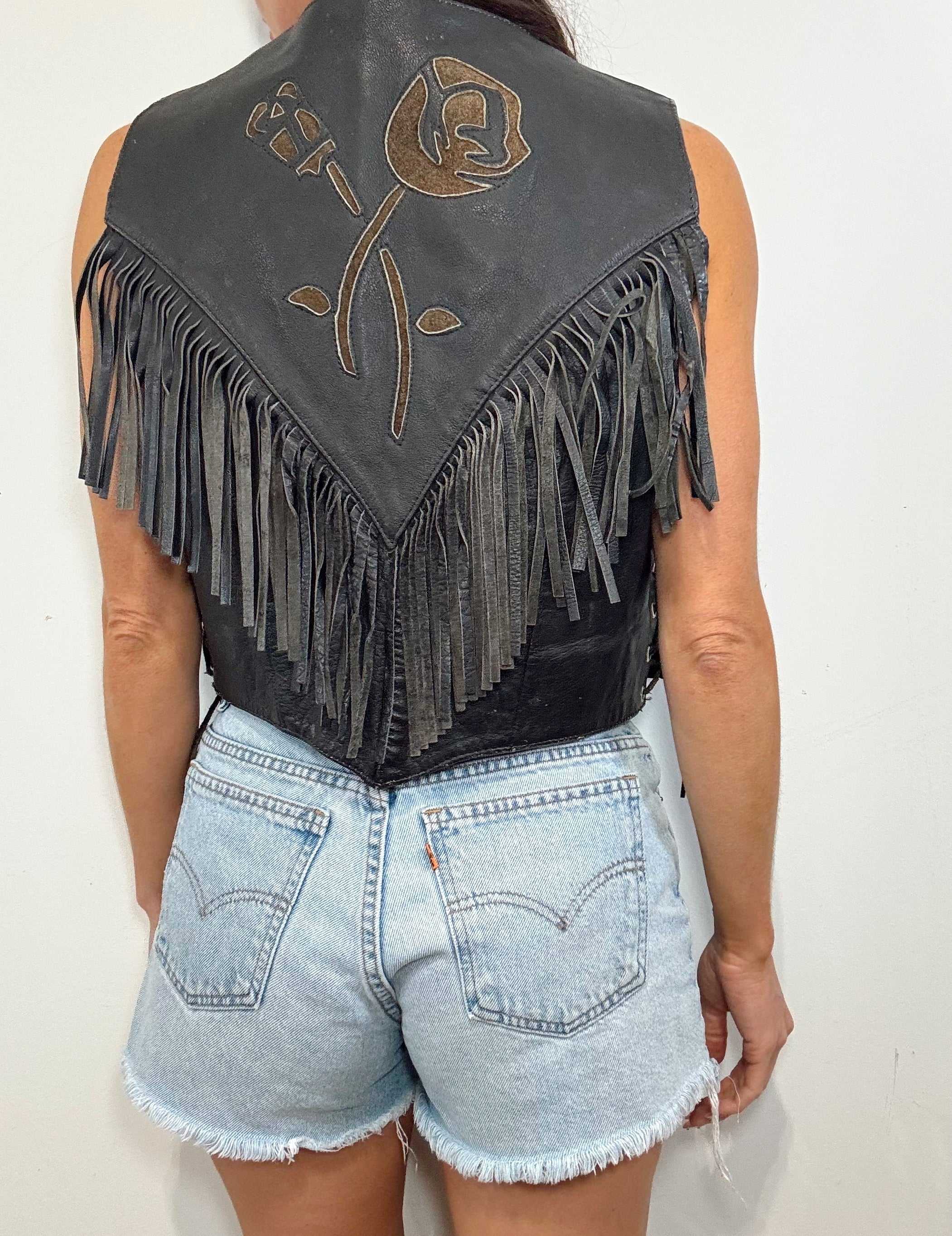 Vintage Leather Rose Fringe Vest