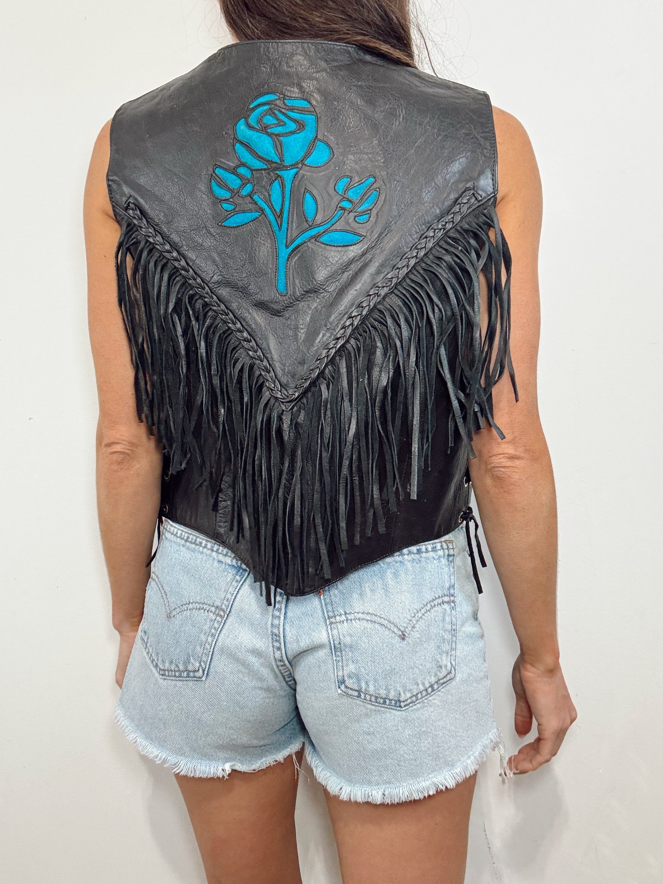 Vintage Leather Turquoise Rose Fringe Vest