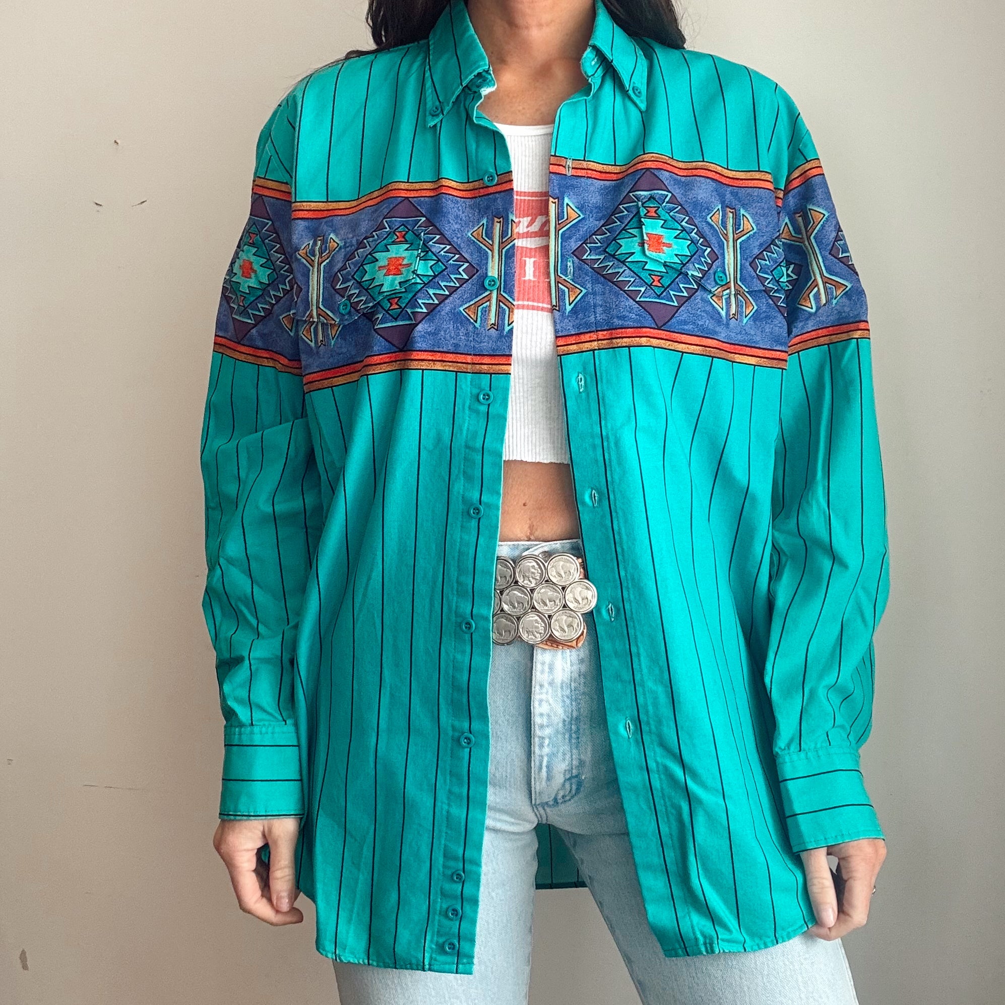 Vintage 90s Western Turquoise Aztec Striped Button Up