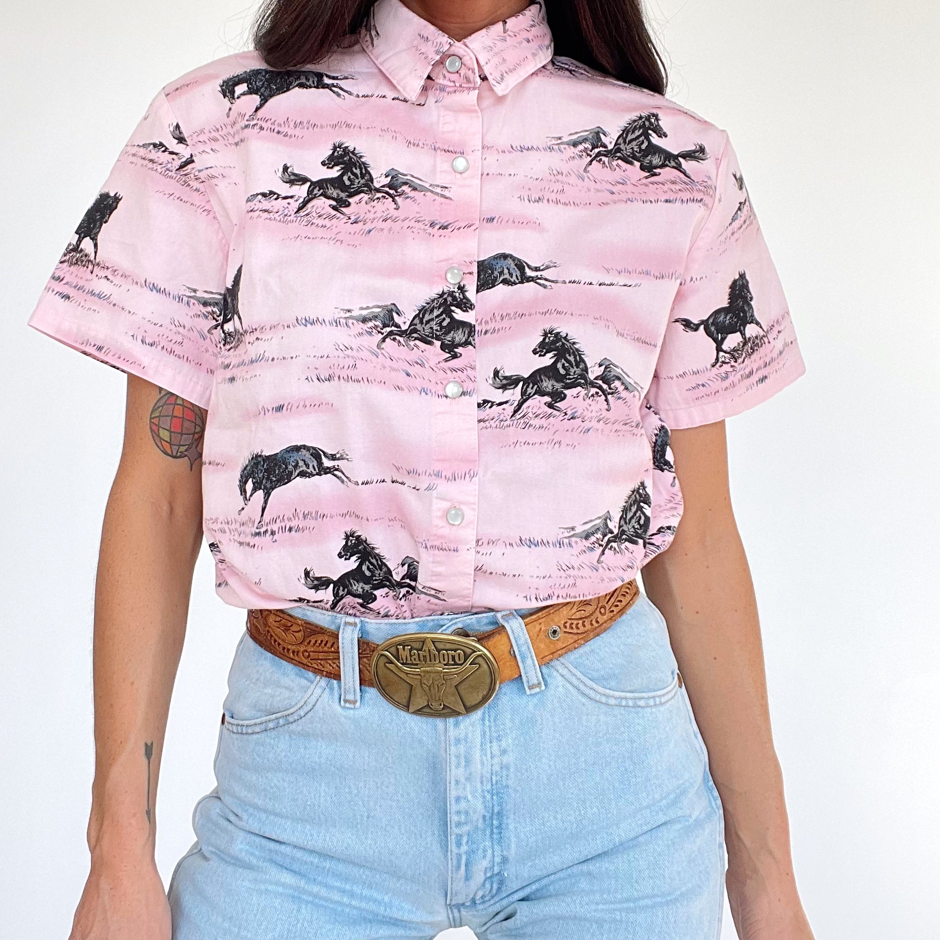 Vintage Western Pink Wild Horses Top